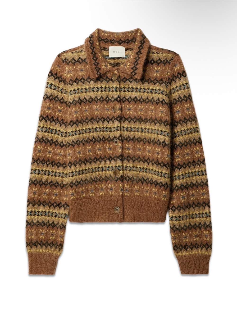 DÔEN Natia Galway Fair Isle Cardigan Cozy Brown, Blue, Yellow, Black Button-Up